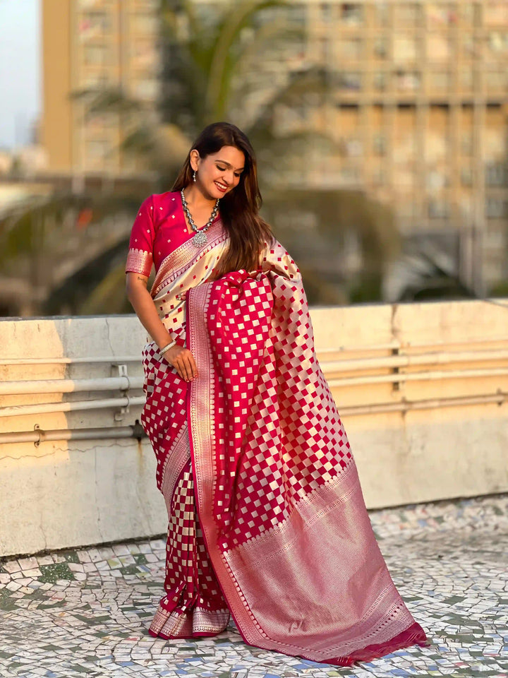 Banarasi Silk Sarees with Silver Jari Checks Work