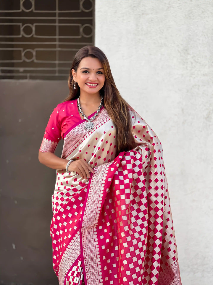 Banarasi Silk Sarees with Silver Jari Checks Work