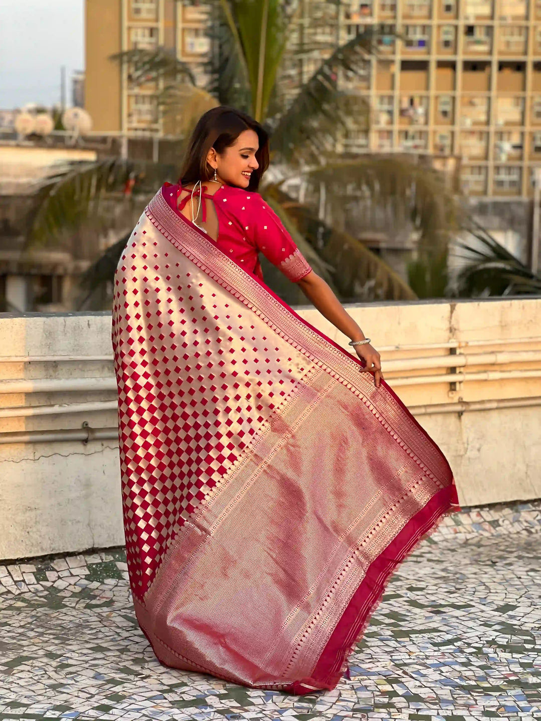 Banarasi Silk Sarees with Silver Jari Checks Work