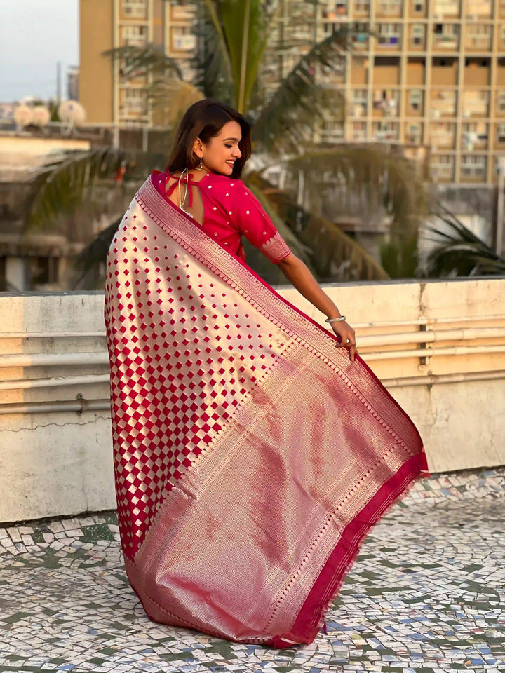 Banarasi Silk Sarees with Silver Jari Checks Work