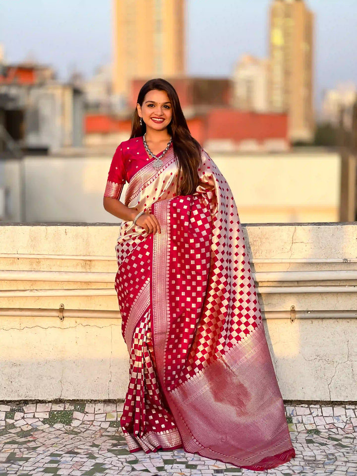 Banarasi Silk Sarees with Silver Jari Checks Work