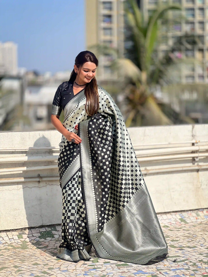 Banarasi Silk Sarees with Silver Jari Checks Work
