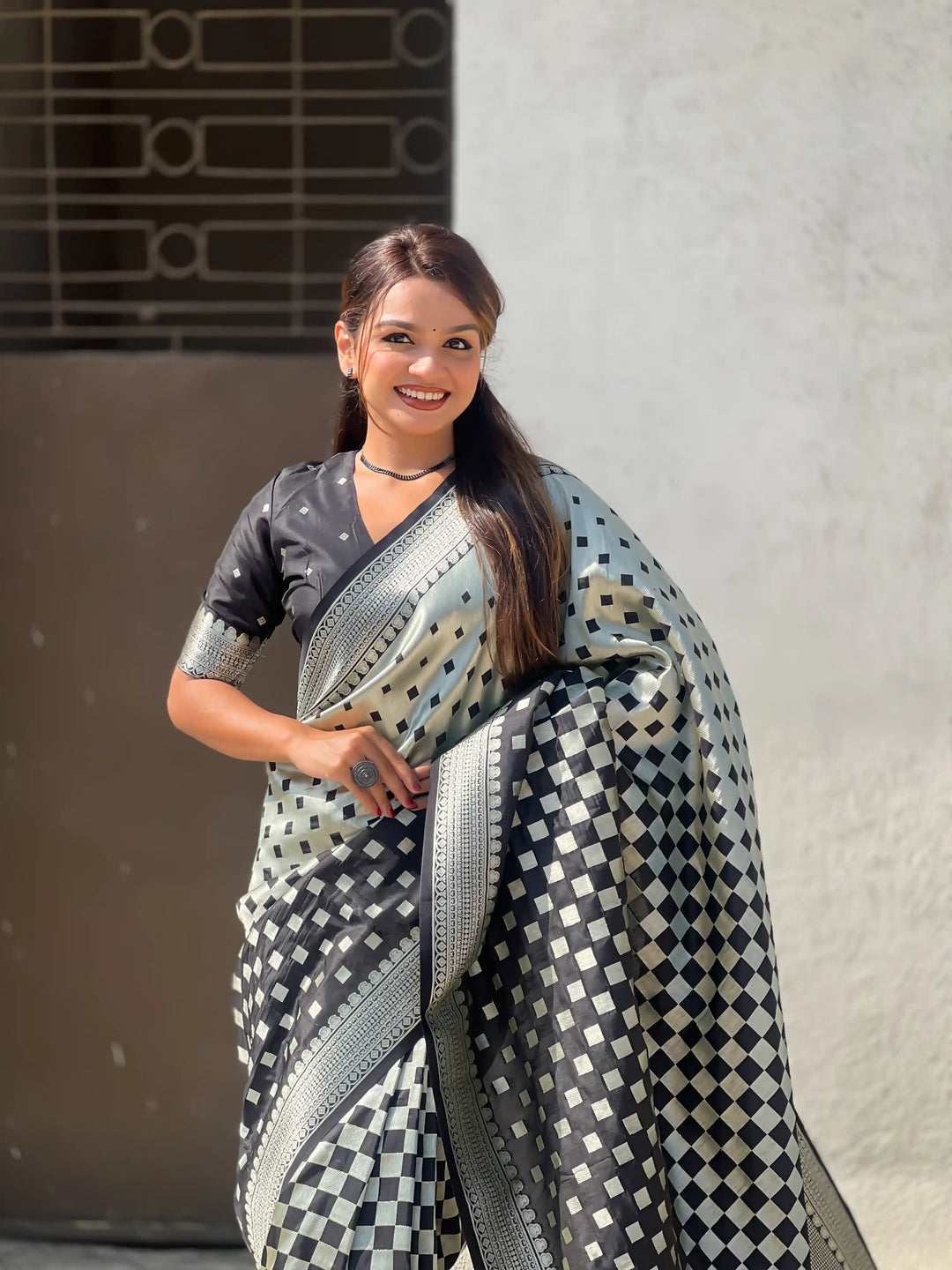 Banarasi Silk Sarees with Silver Jari Checks Work