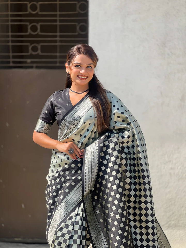 Banarasi Silk Sarees with Silver Jari Checks Work