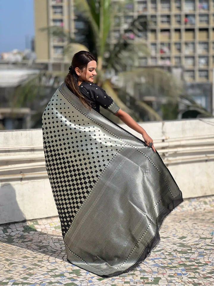 Banarasi Silk Sarees with Silver Jari Checks Work