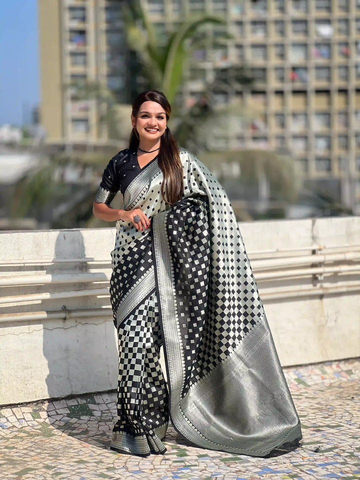 Banarasi Silk Sarees with Silver Jari Checks Work