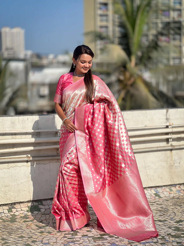 Banarasi Silk Sarees with Silver Jari Checks Work