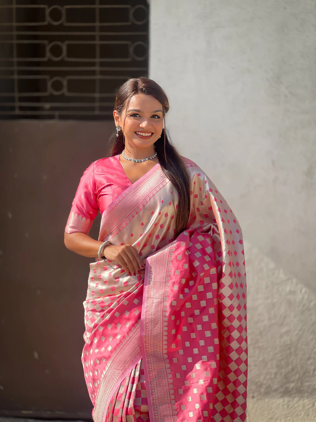 Banarasi Silk Sarees with Silver Jari Checks Work