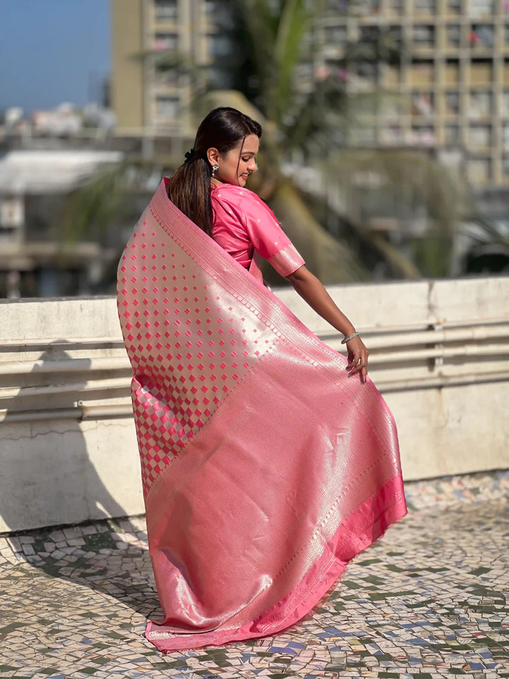 Banarasi Silk Sarees with Silver Jari Checks Work