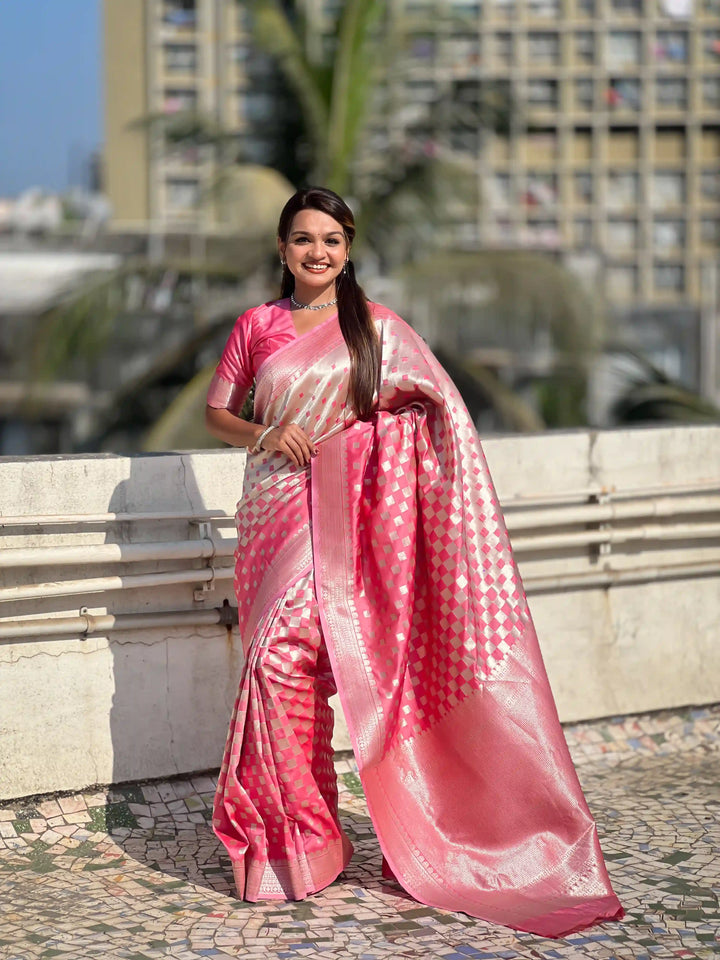 Banarasi Silk Sarees with Silver Jari Checks Work