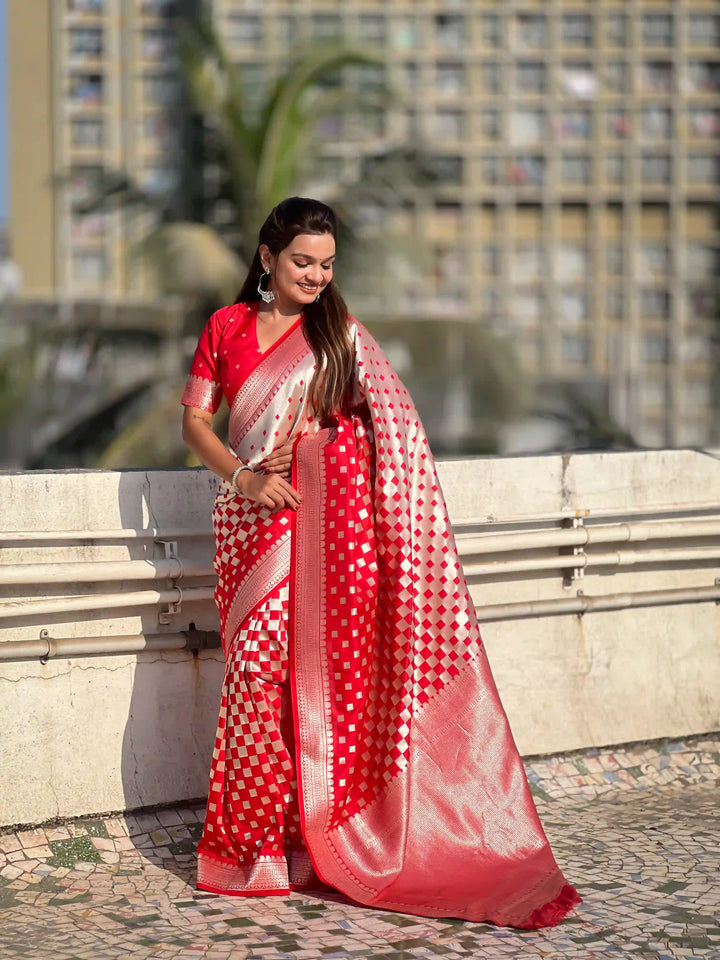 Banarasi Silk Sarees with Silver Jari Checks Work