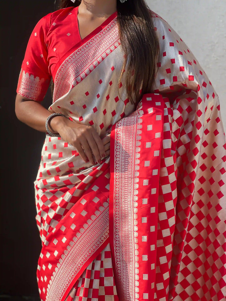 Banarasi Silk Sarees with Silver Jari Checks Work