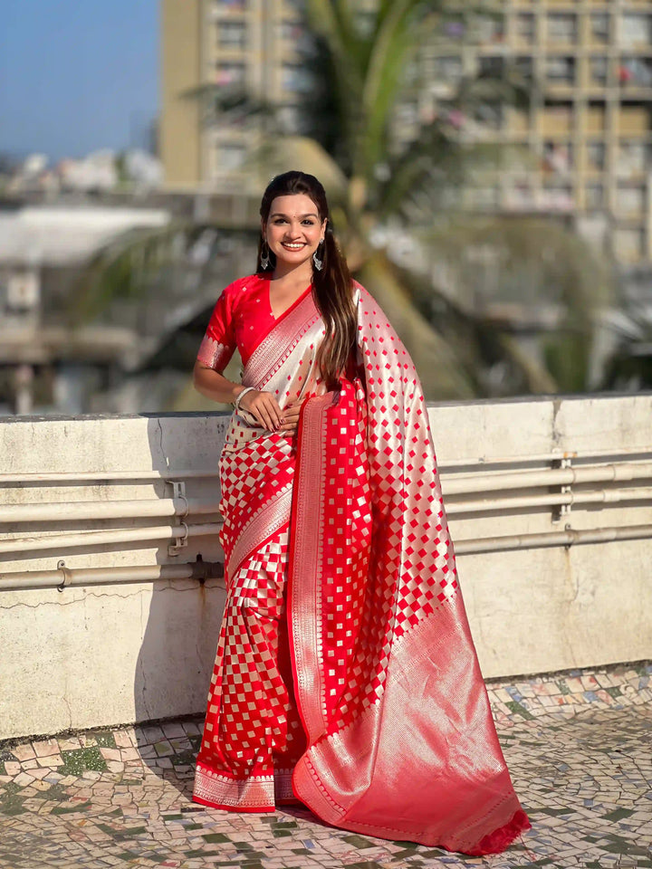 Banarasi Silk Sarees with Silver Jari Checks Work
