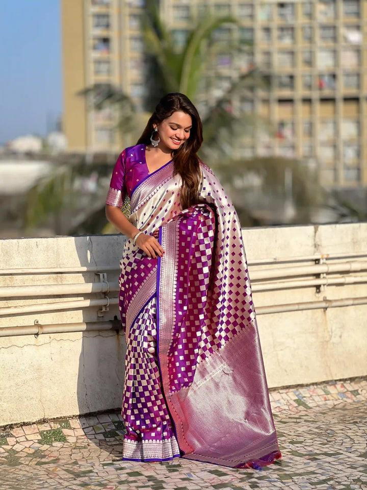 Banarasi Silk Sarees with Silver Jari Checks Work