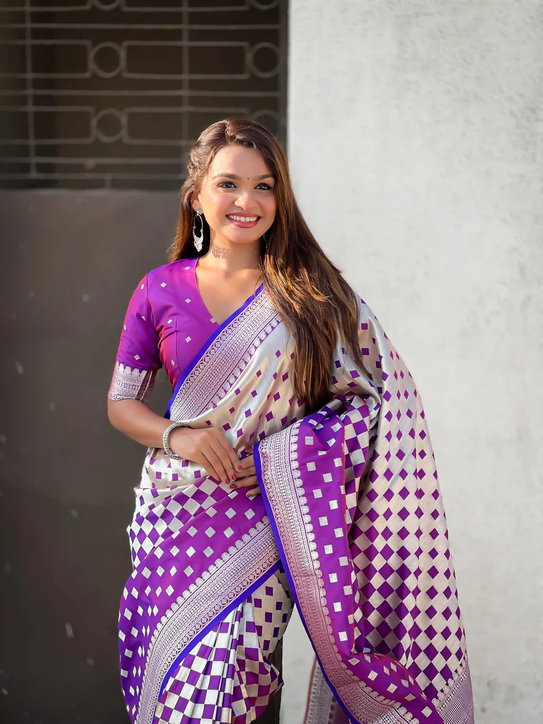 Banarasi Silk Sarees with Silver Jari Checks Work