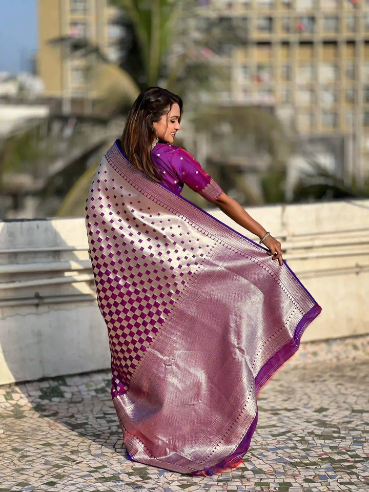 Banarasi Silk Sarees with Silver Jari Checks Work