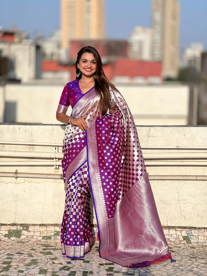 Banarasi Silk Sarees with Silver Jari Checks Work