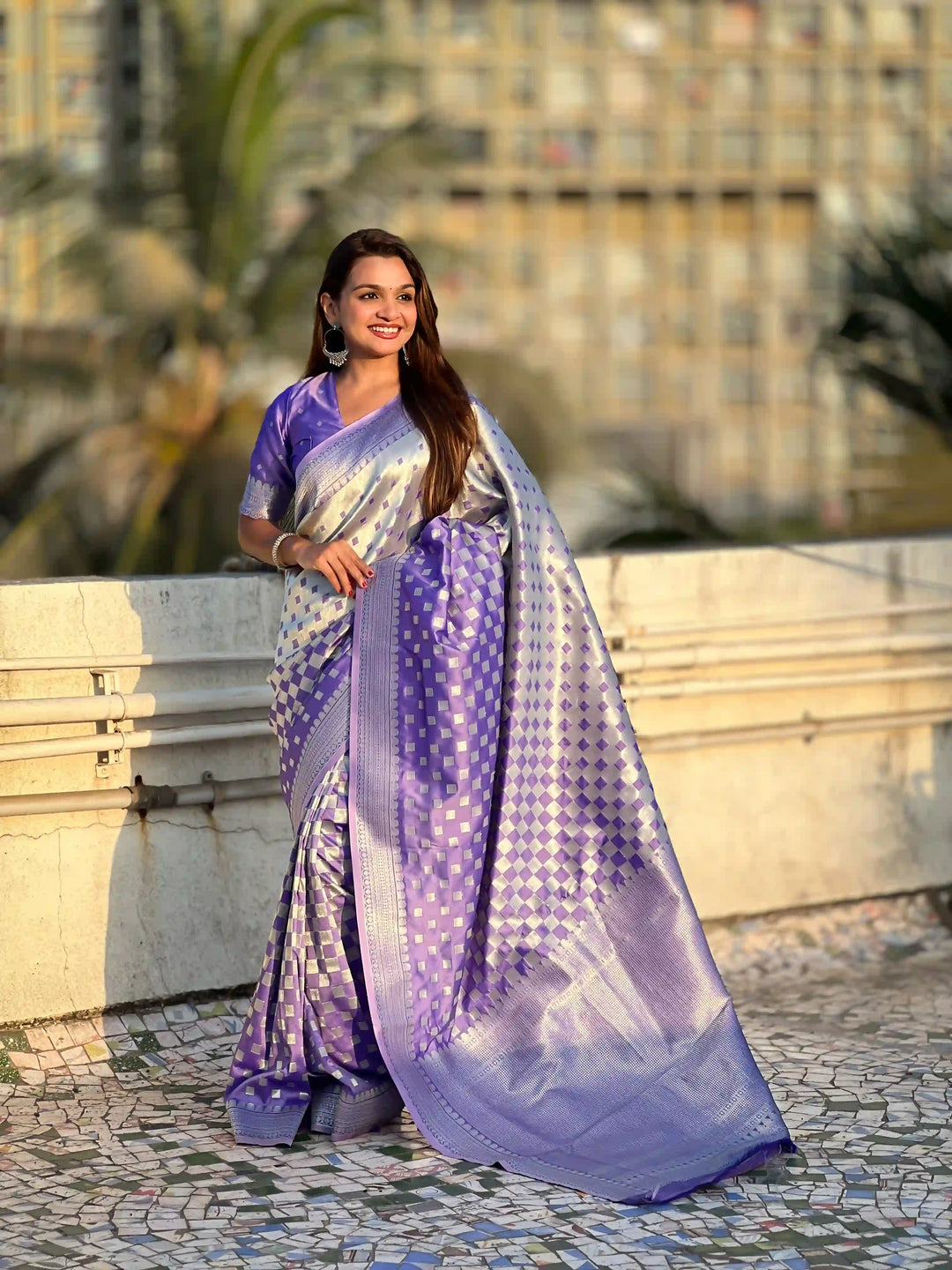 Banarasi Silk Sarees with Silver Jari Checks Work