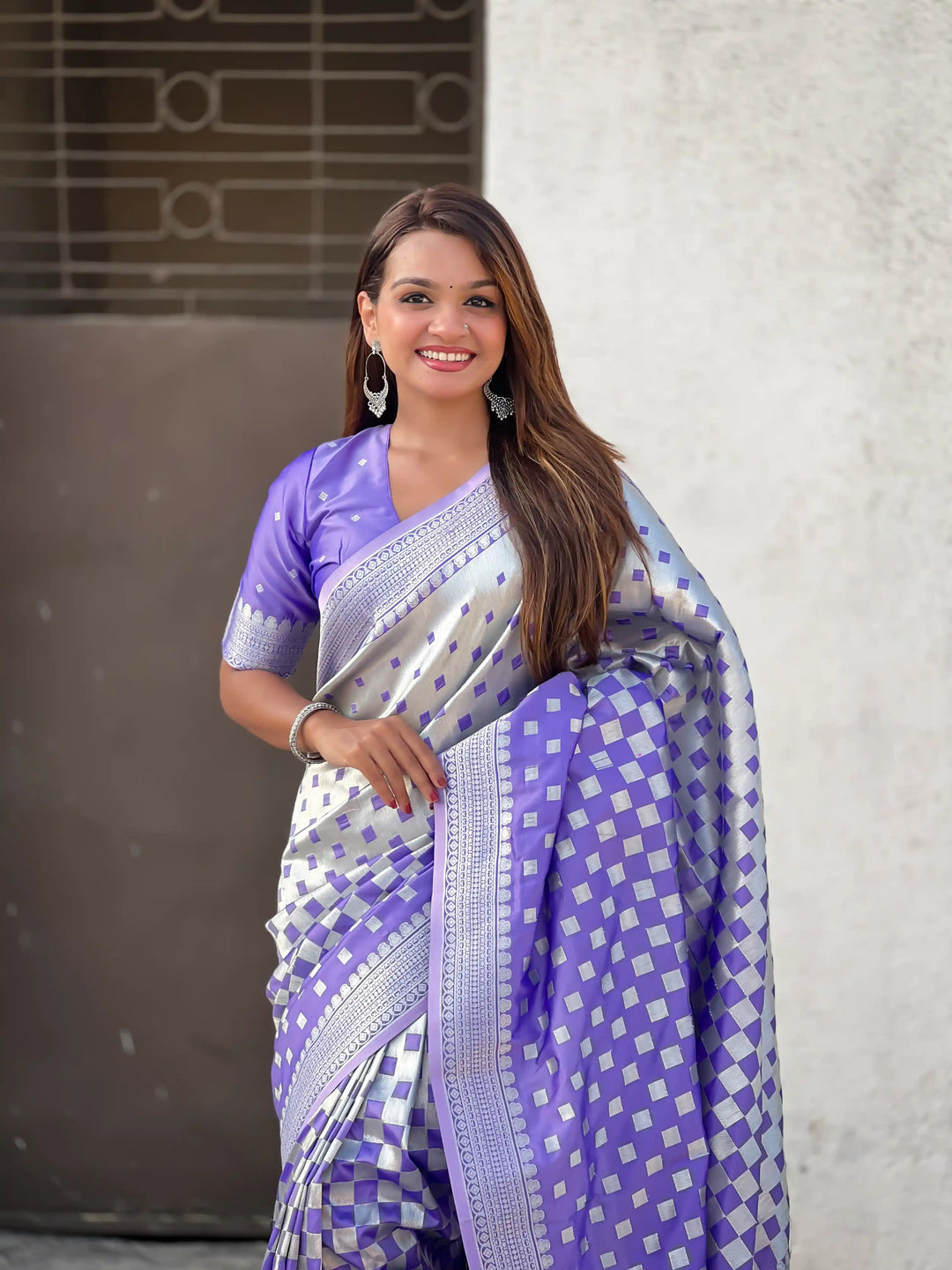 Banarasi Silk Sarees with Silver Jari Checks Work