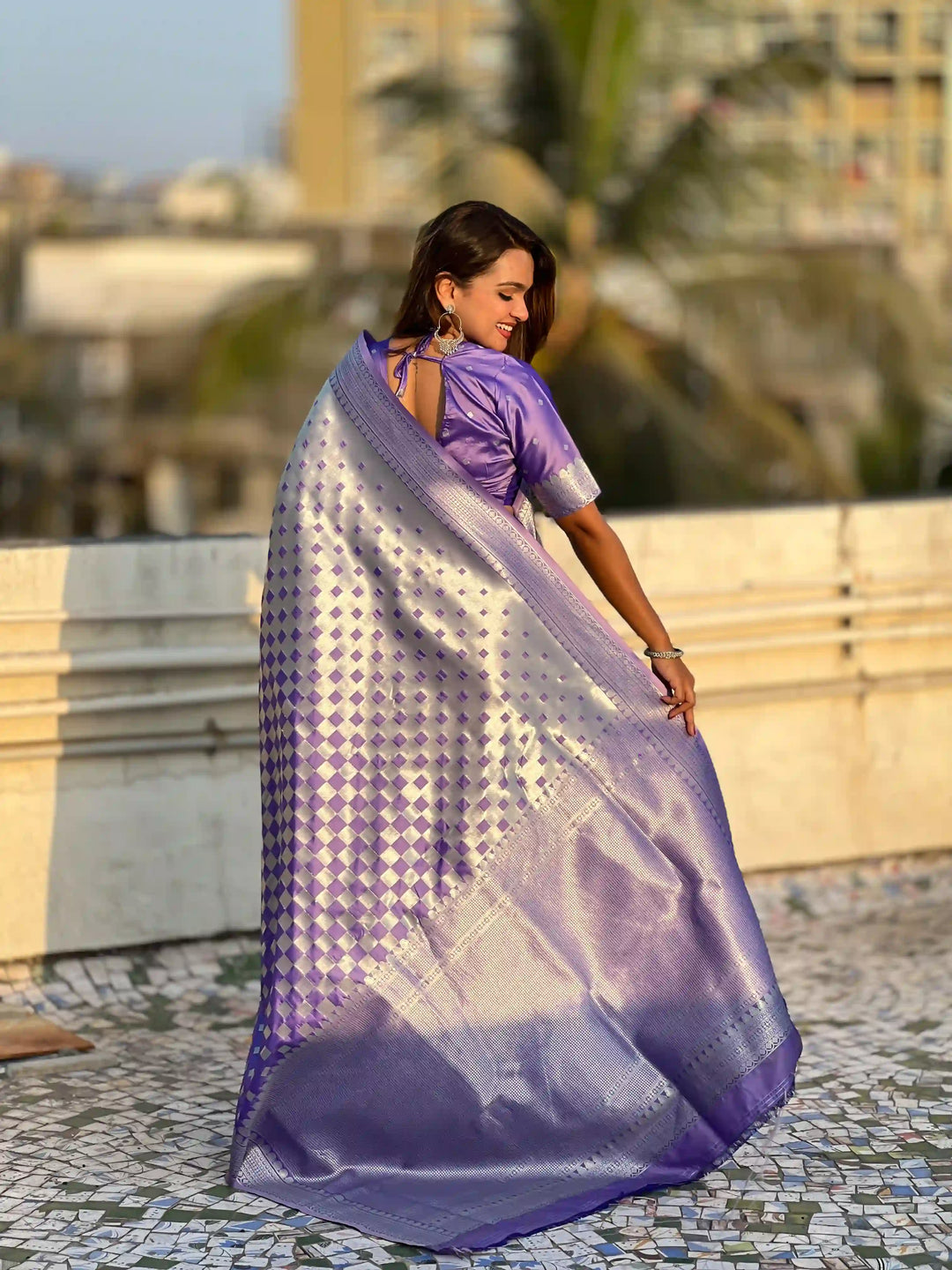 Banarasi Silk Sarees with Silver Jari Checks Work