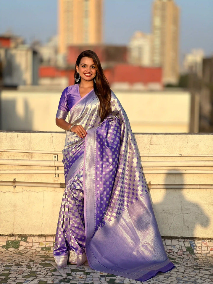 Banarasi Silk Sarees with Silver Jari Checks Work