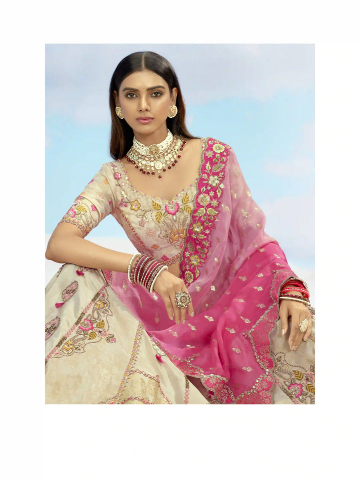Cream Silk Embroidered Lehenga Choli For Wedding Wear