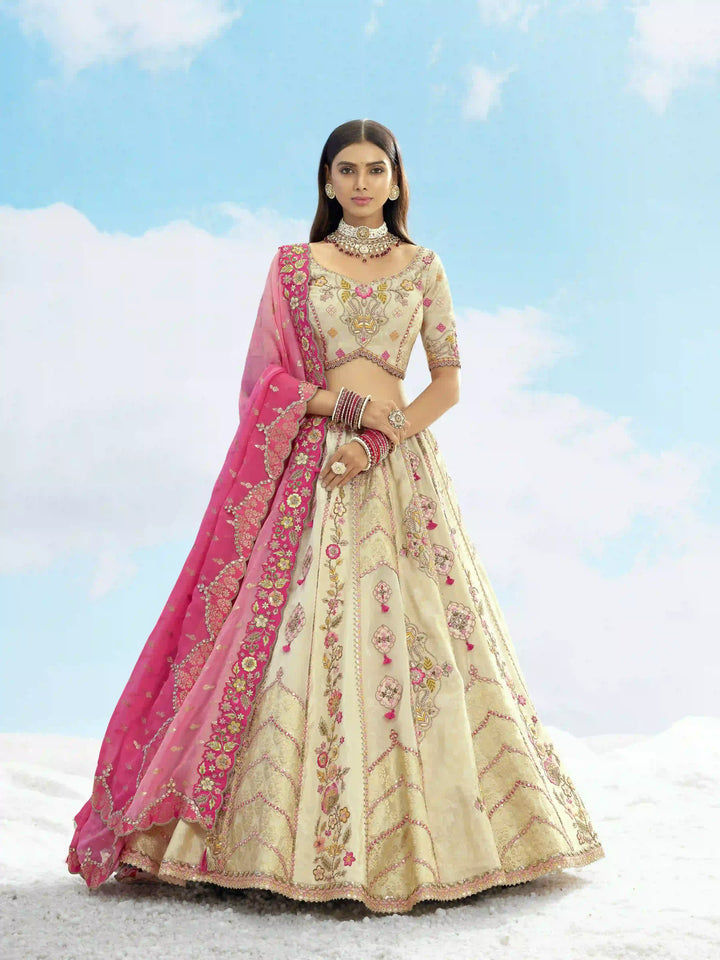 Cream Silk Embroidered Lehenga Choli For Wedding Wear