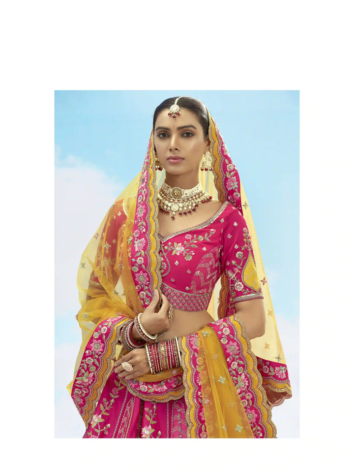 Rani Pink Silk Lehenga Choli with Embroidery and Stone Work for Weddings