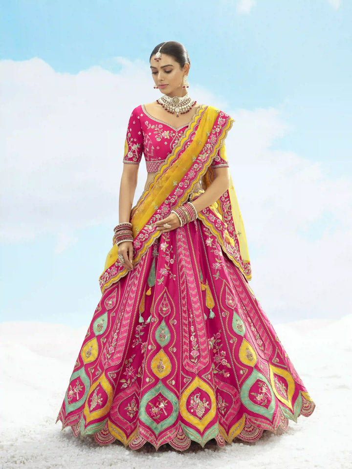 Rani Pink Silk Lehenga Choli with Embroidery and Stone Work for Weddings