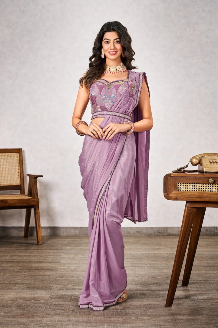 Mauve Magic: Shimmer Georgette Saree with Exquisite Blouse Work