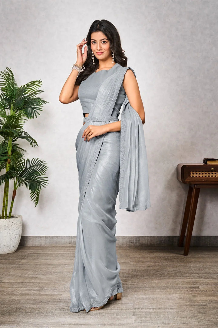 Sophisticated Light Gray Shimmer Georgette Saree with Designer Work Blouse