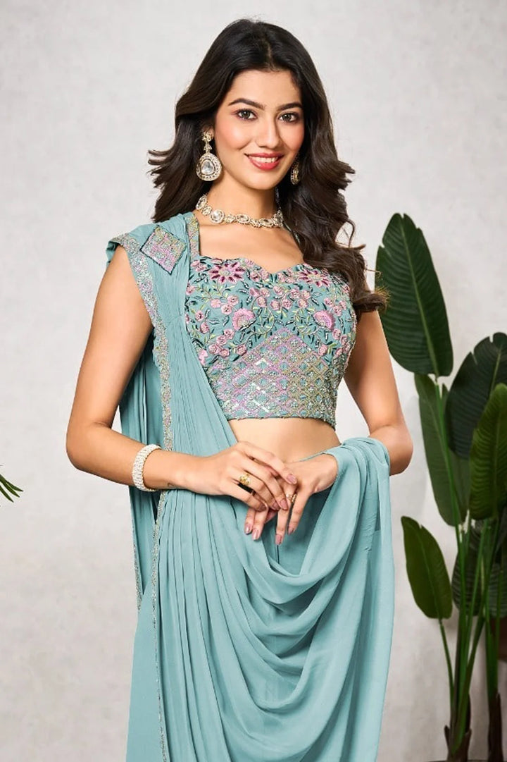 Step into Luxury with Light Sky Gray Shimmer Georgette Saree