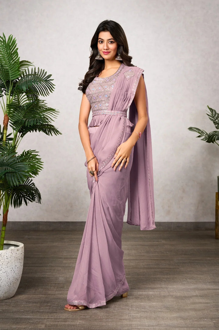 Glamorous Purple Shimmer Georgette Saree with Embroidered Blouse