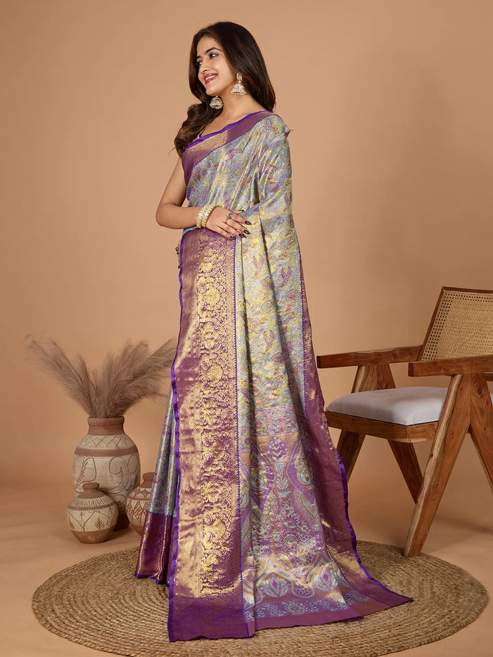 Beautiful Gray Soft Silk Saree with Heavy Jari Work Blouse