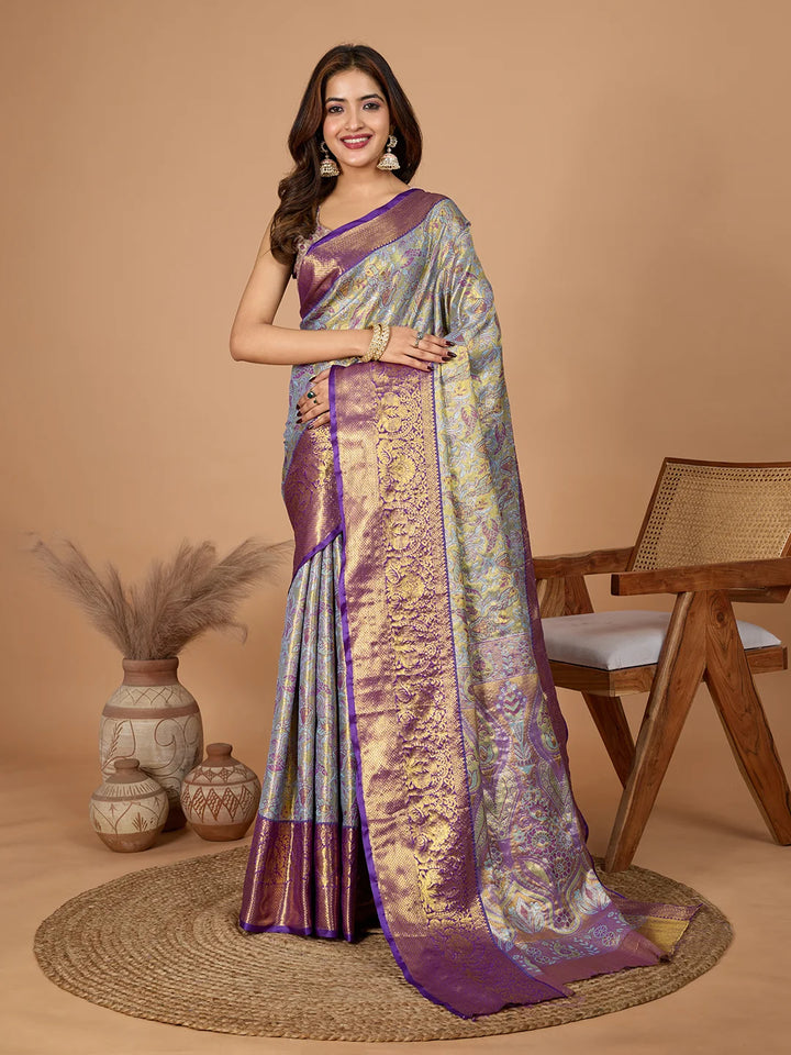 Beautiful Gray Soft Silk Saree with Heavy Jari Work Blouse