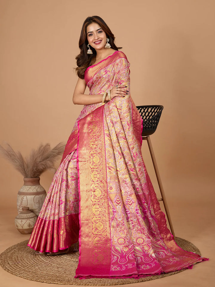 Luxurious Rani Pink Silk Saree With Heavy Jari Designer Touch