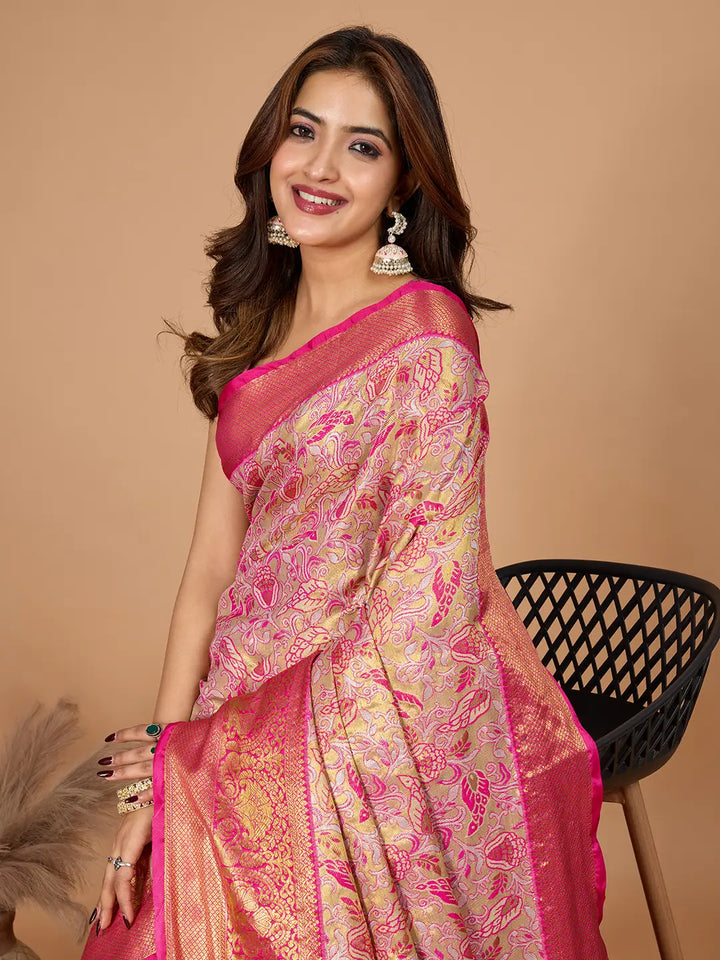 Luxurious Rani Pink Silk Saree With Heavy Jari Designer Touch