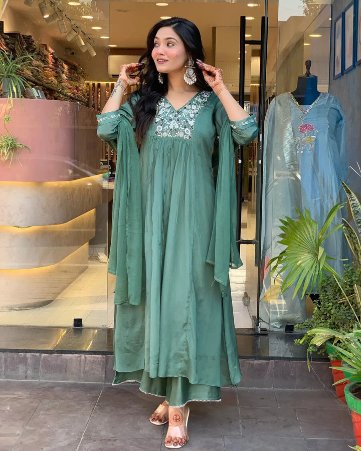 Teal Chinon Salwar Suit with Embroidery and Dupatta