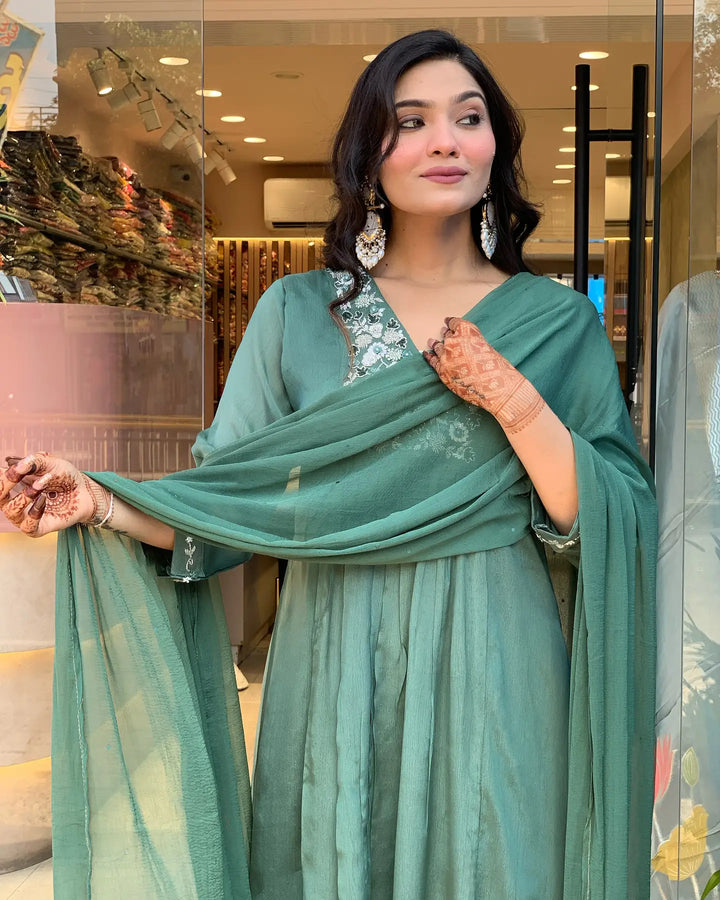 Teal Chinon Salwar Suit with Embroidery and Dupatta