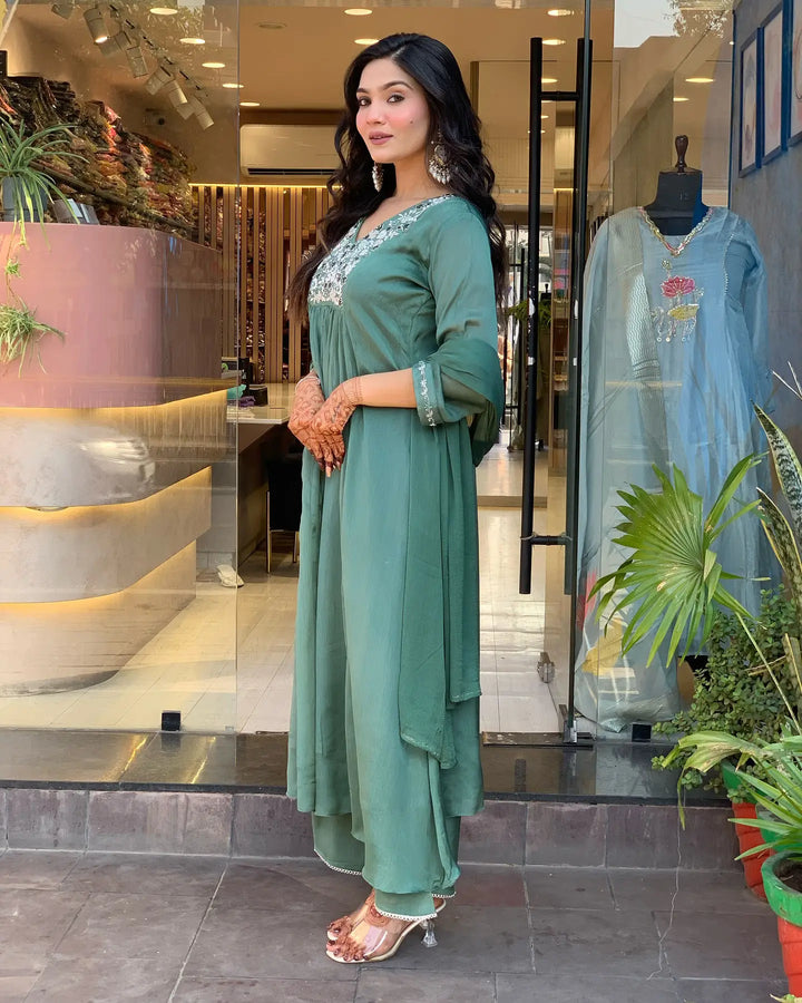 Teal Chinon Salwar Suit with Embroidery and Dupatta