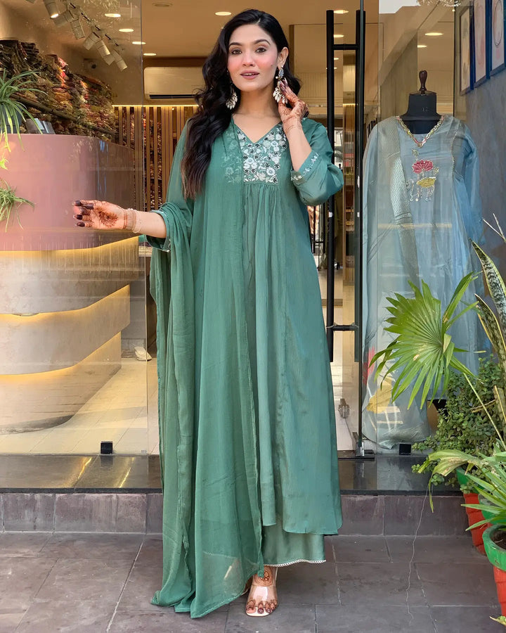 Teal Chinon Salwar Suit with Embroidery and Dupatta