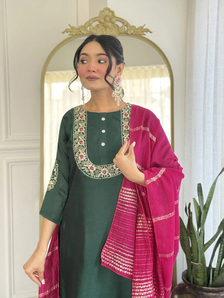 Stylish Party Wear Suit with Chanderi Dupatta & Silk Fabric