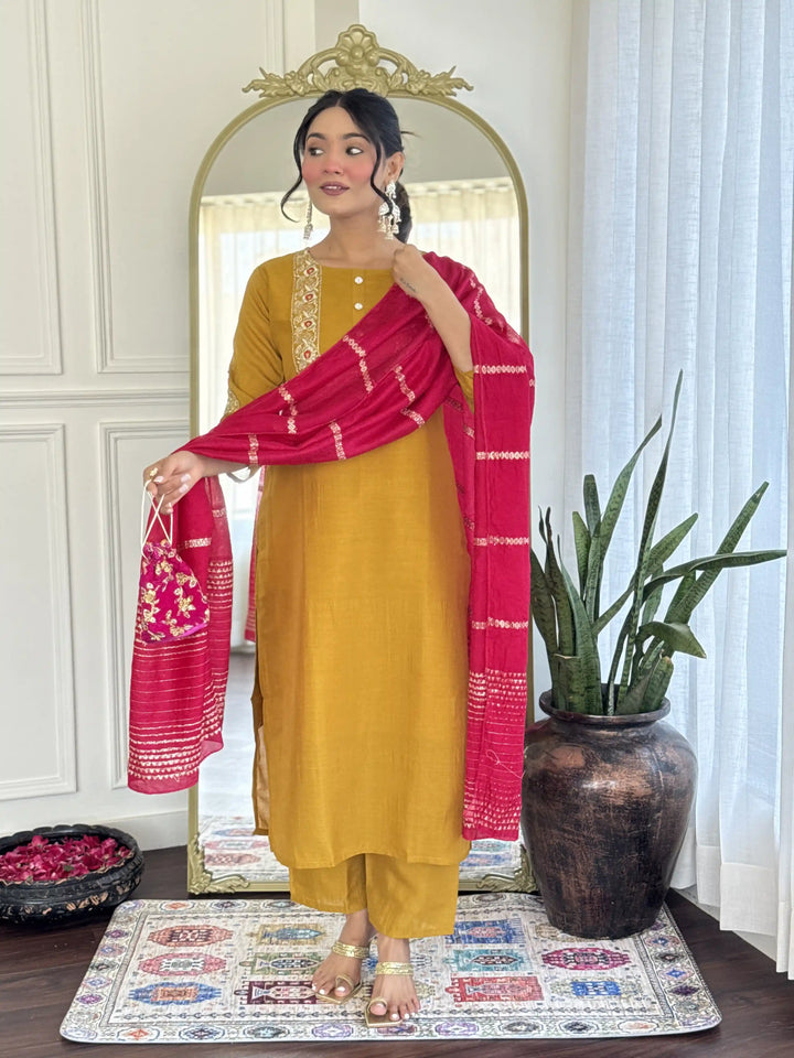 Stylish Party Wear Suit with Chanderi Dupatta & Silk Fabric