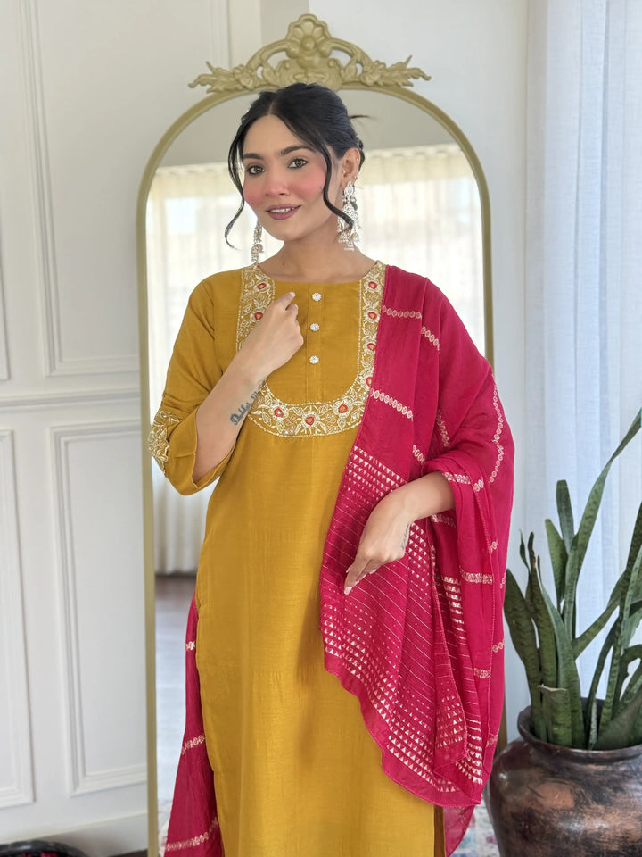 Stylish Party Wear Suit with Chanderi Dupatta & Silk Fabric