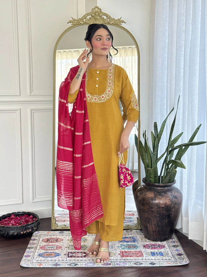 Stylish Party Wear Suit with Chanderi Dupatta & Silk Fabric