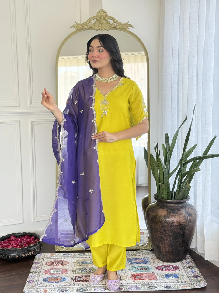 Elegant Lemon Viscose Chanderi Salwar Kameez with Dupatta