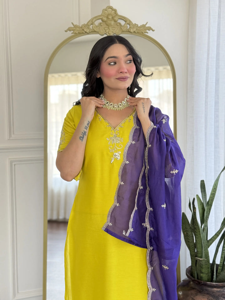 Elegant Lemon Viscose Chanderi Salwar Kameez with Dupatta