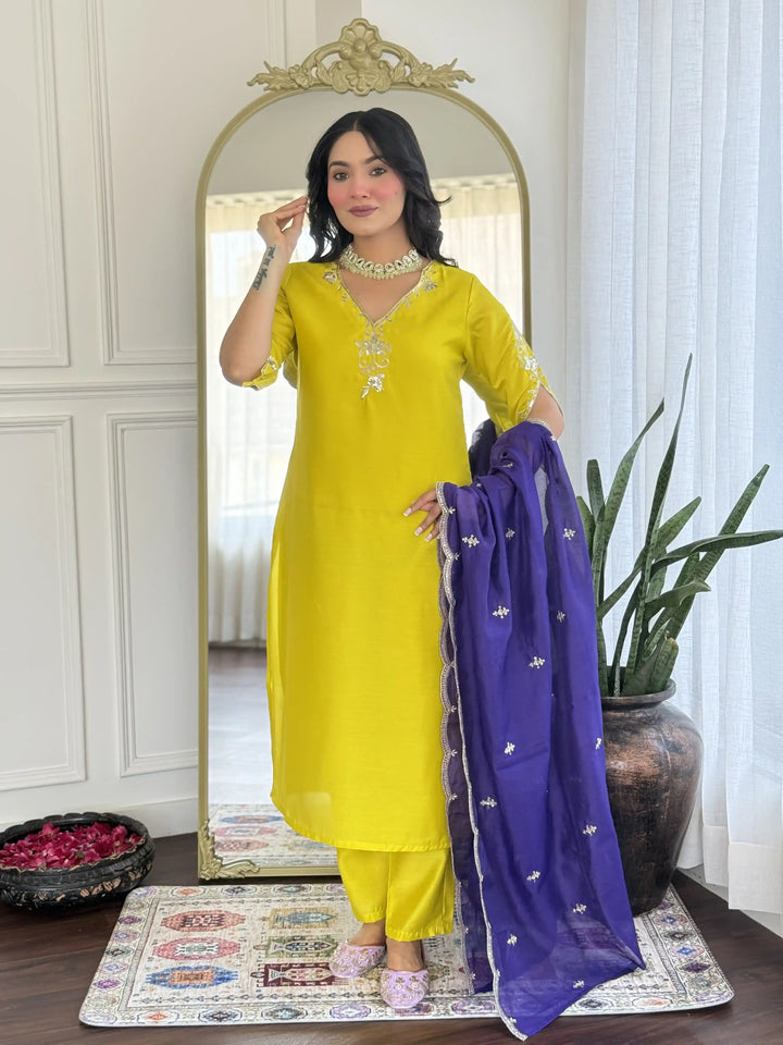 Elegant Lemon Viscose Chanderi Salwar Kameez with Dupatta