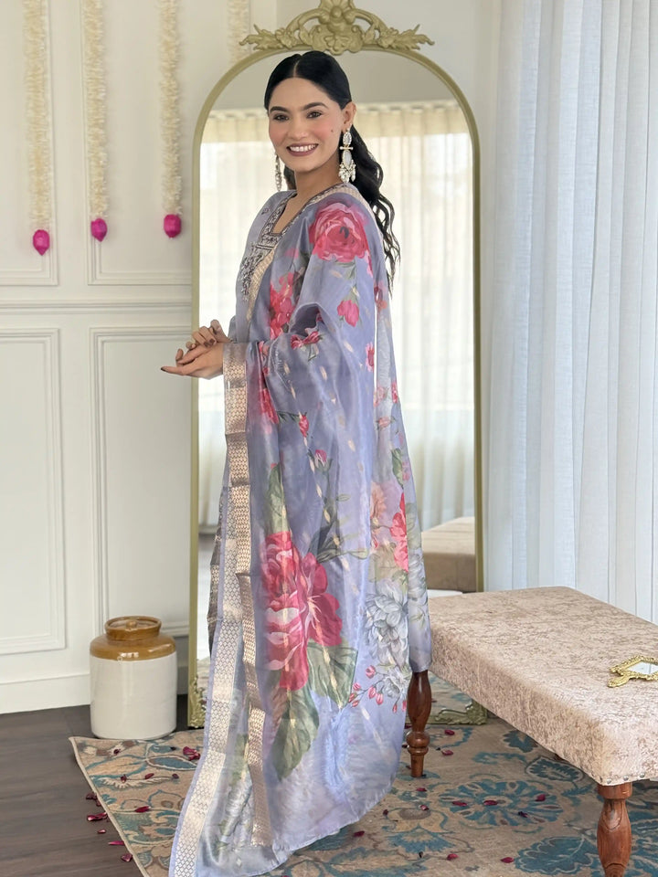 Light Blue Chanderi Embroidered Suit Set with Elegant Finish