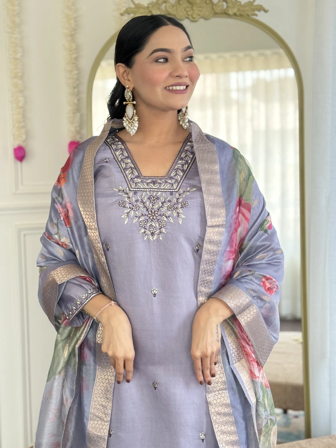 Light Blue Chanderi Embroidered Suit Set with Elegant Finish